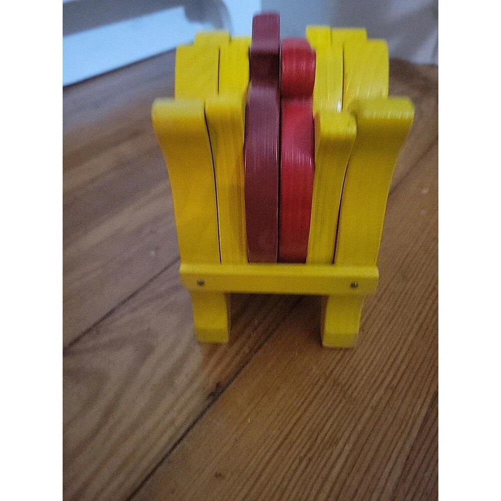 Vtg Tulip Apple Wooden Coaster Set Holder Yellow Red Country Farmhouse Butterfly